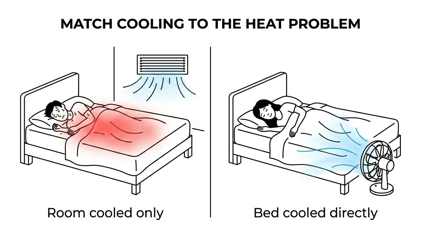Side-by-side comparison of bed cooling options including bed fan, Bedjet, water-based pad, breathable bedding with bed fan, and room cooling, showing what each is best for and its main trade-offs.