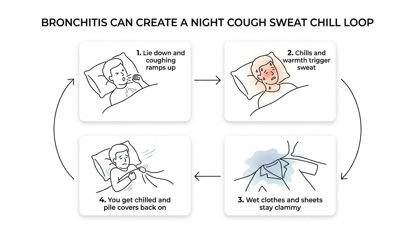 Flow showing a person lying down with bronchitis, then worsening cough and mucus, night sweating, damp clothes, chills, and repeated waking.