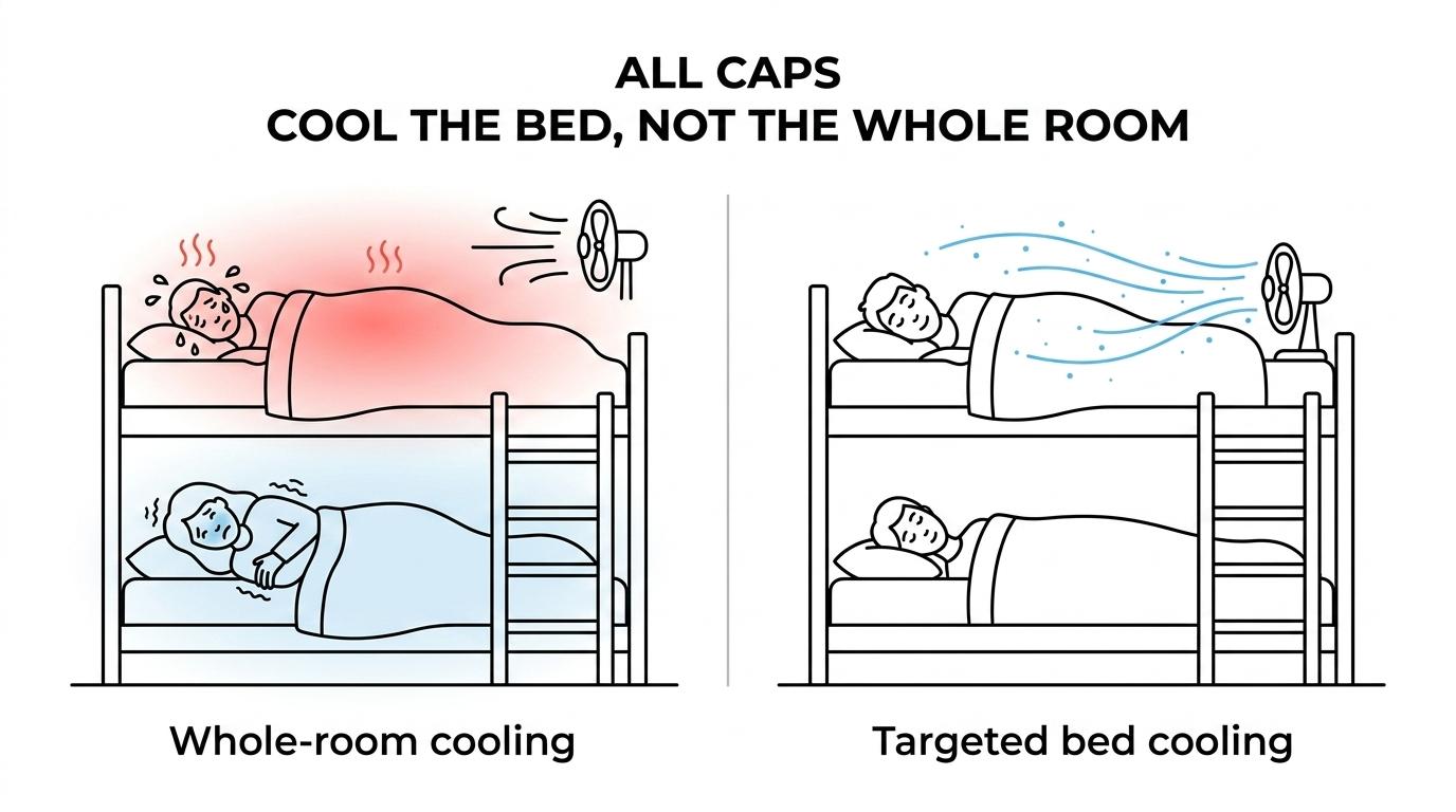 Side-by-side bunk room comparison showing whole-room cooling versus a bFan sending air under one sleeper’s covers for personal cooling.