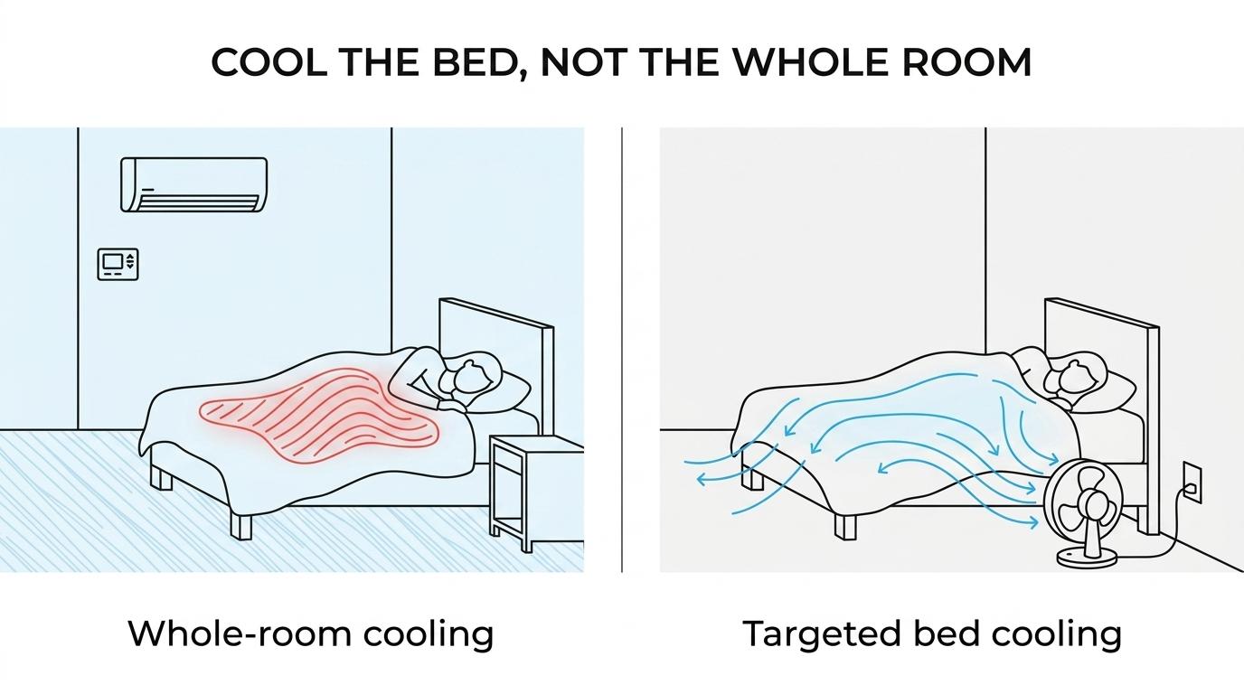 Side-by-side view of whole-room air conditioning cooling an entire bedroom versus a bed fan directing airflow under blankets around a sleeper.