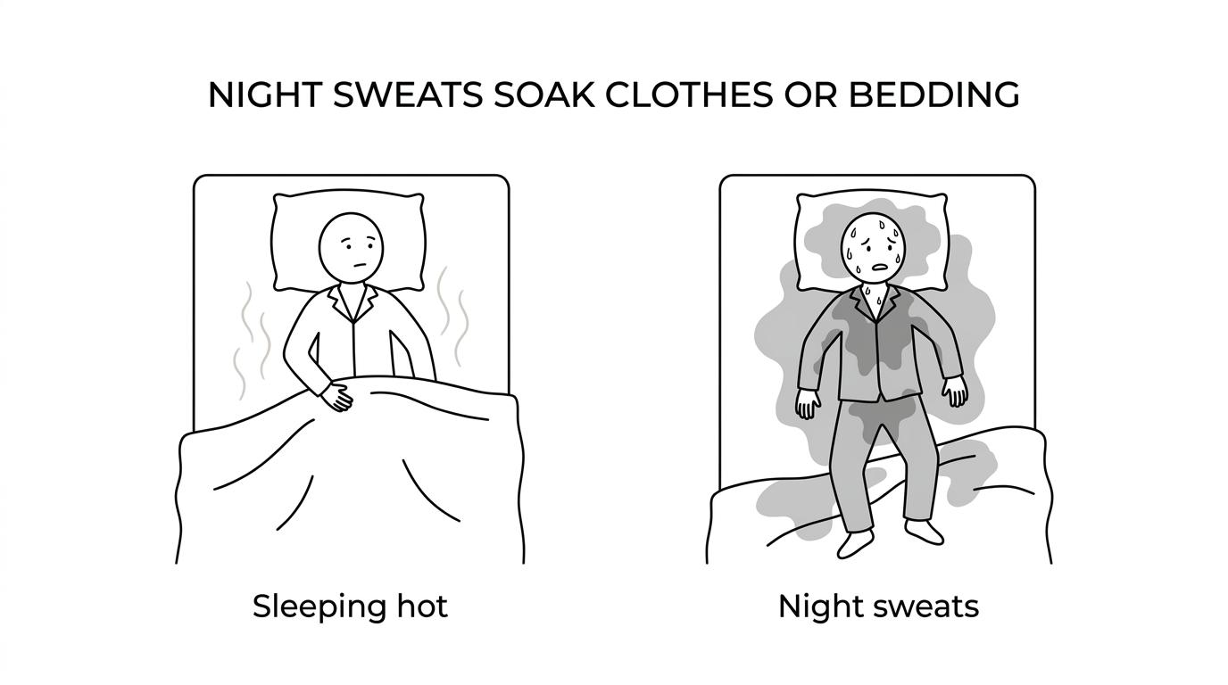Side-by-side comparison of drenching night sweats in bed versus ordinary overheating from a warm room and heavy bedding.