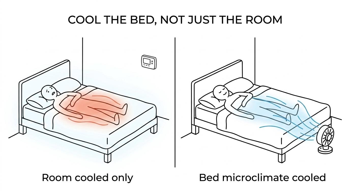 Side-by-side comparison of a sleeper overheating under blankets in a normal room versus airflow moving under the sheets to carry heat and moisture away.