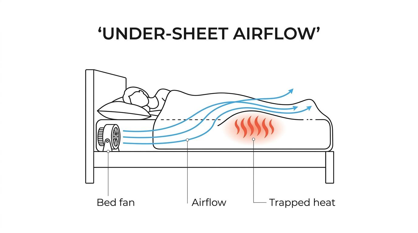 Cutaway view of a bed fan at the foot or side of a bed pushing room air between the sheets to remove trapped body heat.
