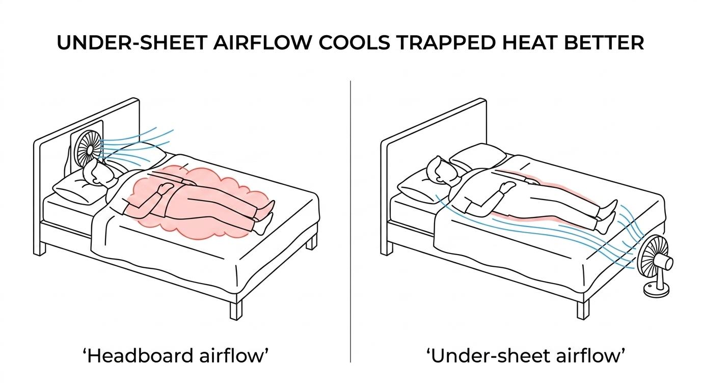 Side-by-side bed comparison showing a headboard fan blowing near the pillow versus a foot-of-bed fan moving air under the covers toward the torso and legs.