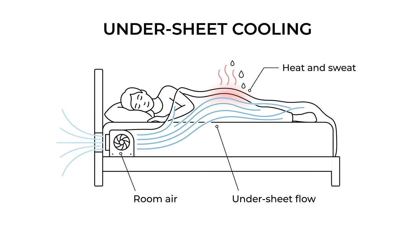 Cutaway view of a bed vent fan pushing room air under the sheets while heat and moisture escape from around a sleeper.