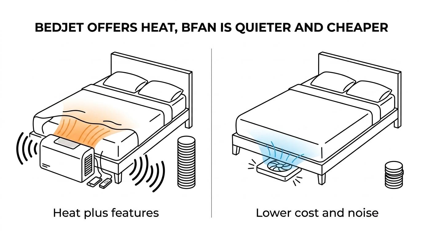 Side-by-side comparison of BedJet and bFan showing differences in heating, noise, price, and dual-zone value.