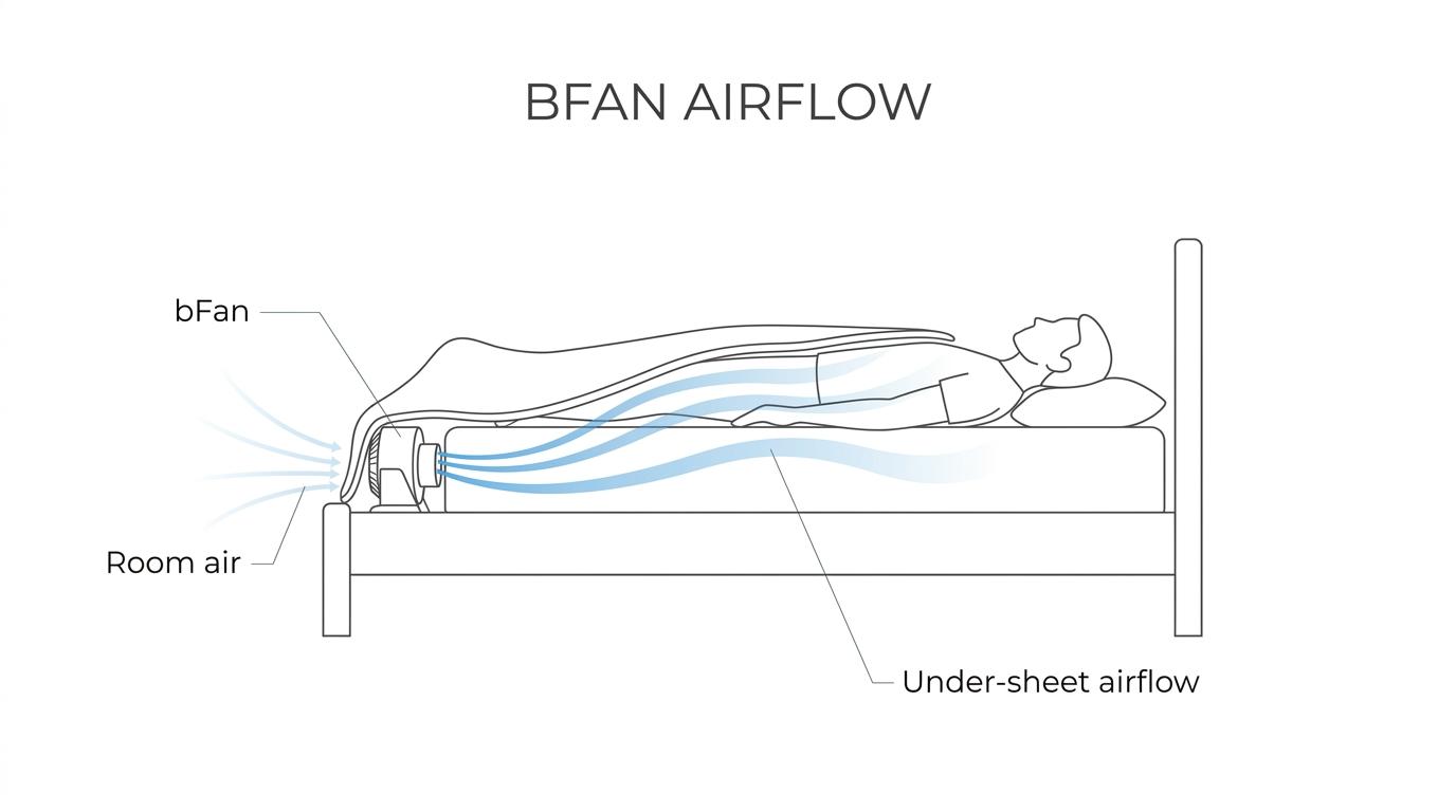 Labeled side view of a bed showing bFan at the foot, air flowing under the top sheet across a sleeper, and heat escaping from the bedding.