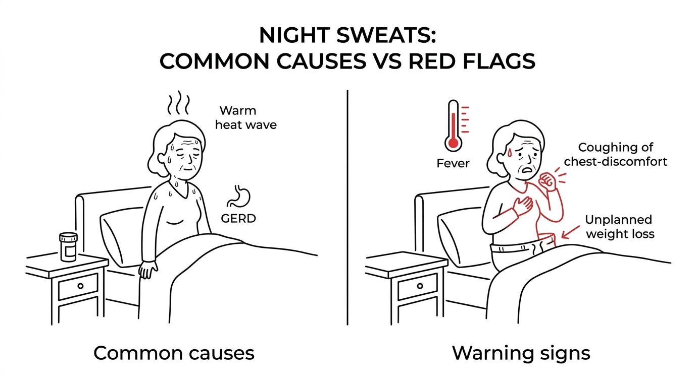 Side-by-side visual showing common night sweat causes in older women and warning signs that warrant medical evaluation.