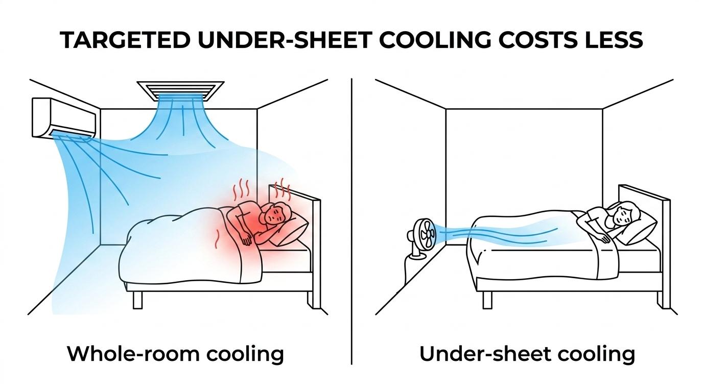 Side-by-side comparison of bFan and BedJet-style bed cooling, highlighting under-sheet airflow, low monthly electricity cost, and lower dual-zone setup cost.