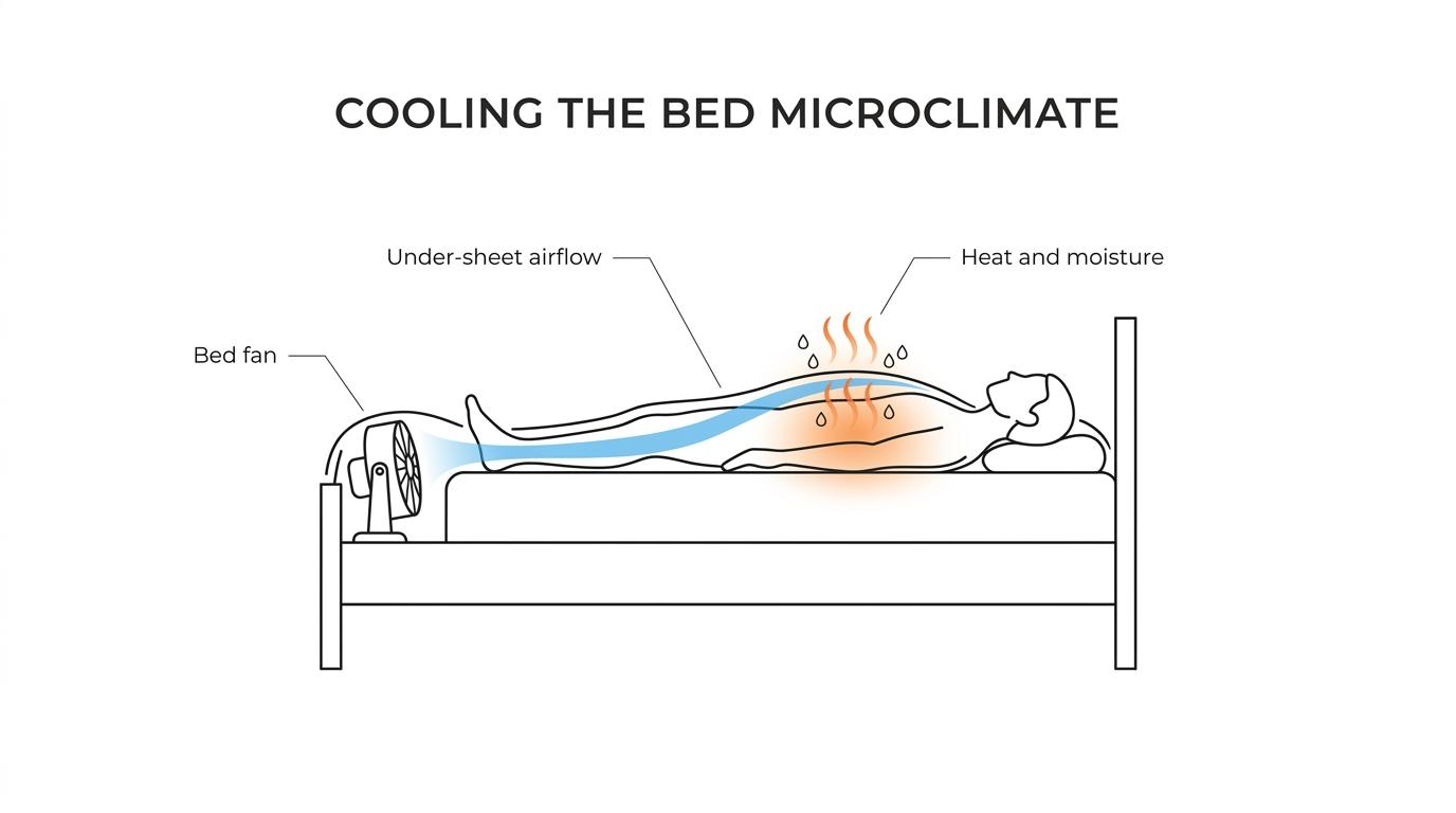 Diagram of a bed fan at the foot of the bed pushing room air under the sheets while heat and moisture move away from the sleeper.