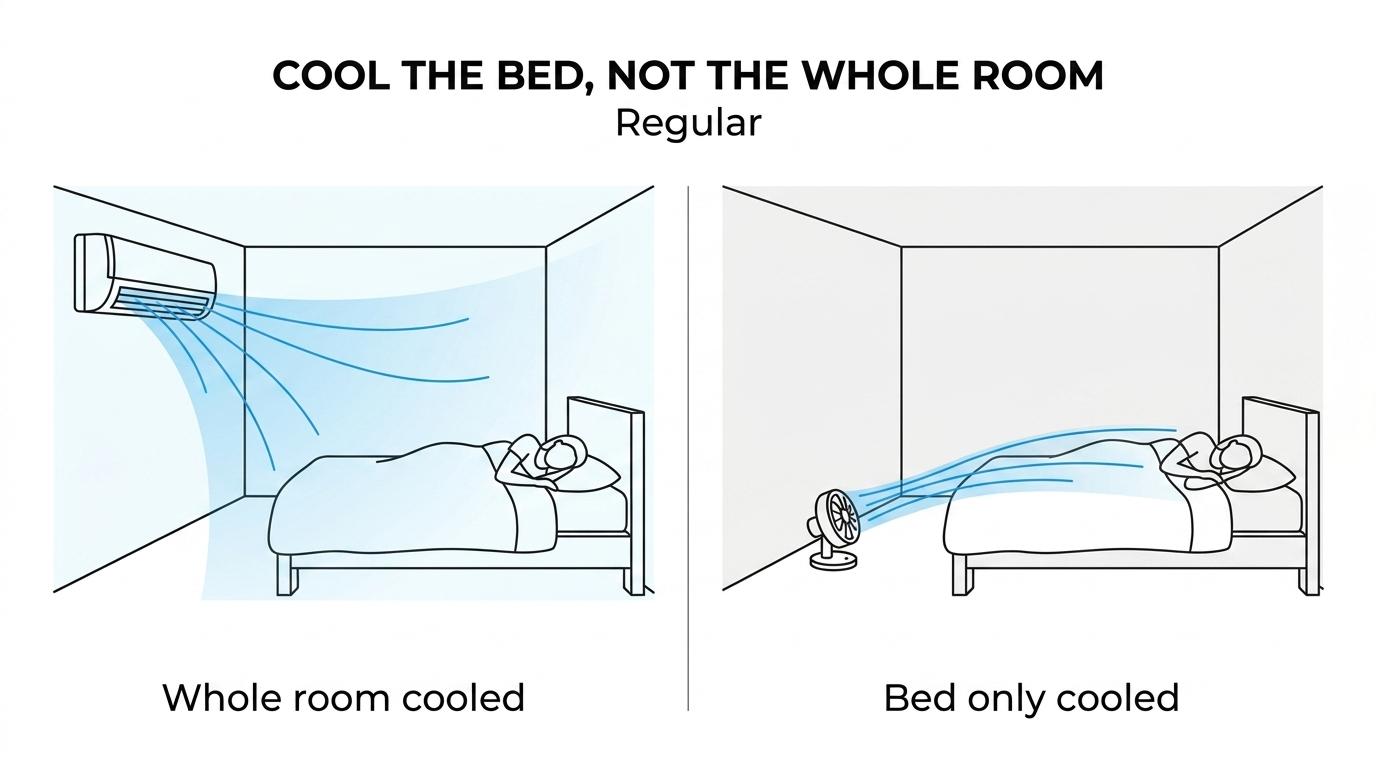 Side-by-side comparison of bFan Bed Fan and Bedjet showing lower bFan pricing, dual-sleeper cost, and shared room-air cooling approach.