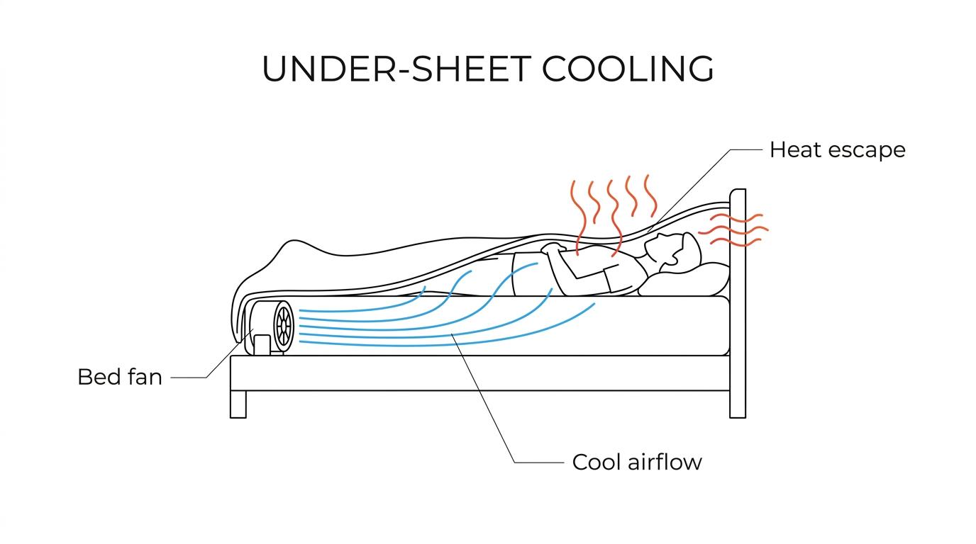 Hospital-style bed with a fan at the foot directing air under the top sheet across a sleeper, carrying heat and moisture away.