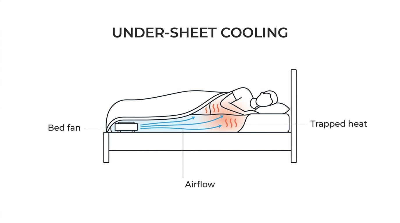 Cutaway view of a bed with a fan at the foot blowing air under the sheet along a sleeper’s body.