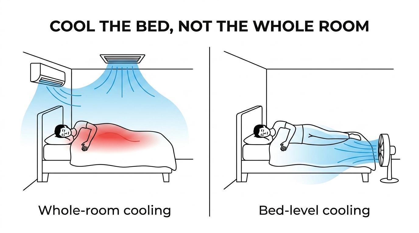 Side-by-side view of whole-room air conditioning cooling an entire bedroom versus a bed fan directing airflow under the sheets where the sleeper lies.