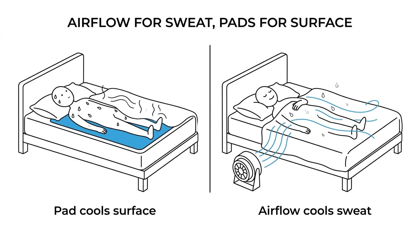 Side-by-side comparison of a bed fan pushing air under blankets versus a water-cooled mattress pad cooling the bed surface.
