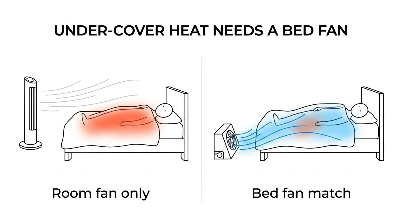 Side-by-side comparison of under-the-covers overheating cooled by a bed fan versus a warm stuffy bedroom cooled by a room fan.