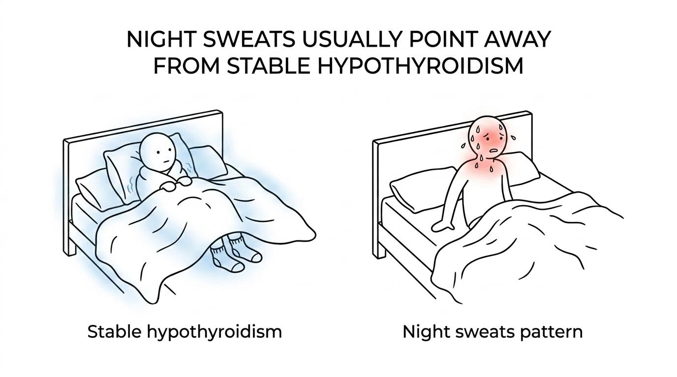 Side-by-side comparison of stable hypothyroidism symptoms versus excess thyroid hormone or thyroiditis symptoms, with cold intolerance on one side and sweating, heat intolerance, and palpitations on the other.