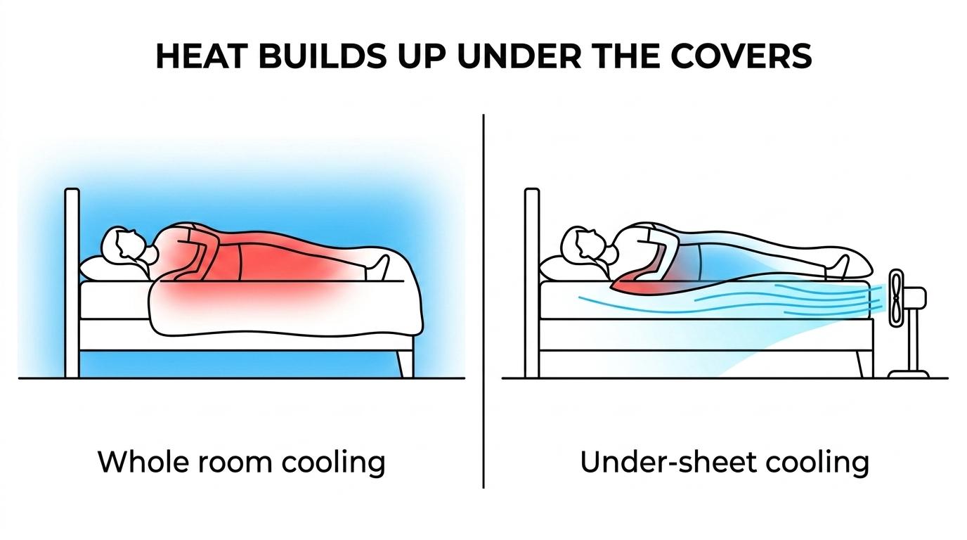 Side-by-side view of a bed with trapped heat and sweat under the covers versus a bed with airflow moving between the sheets from a fan at the foot of the bed.
