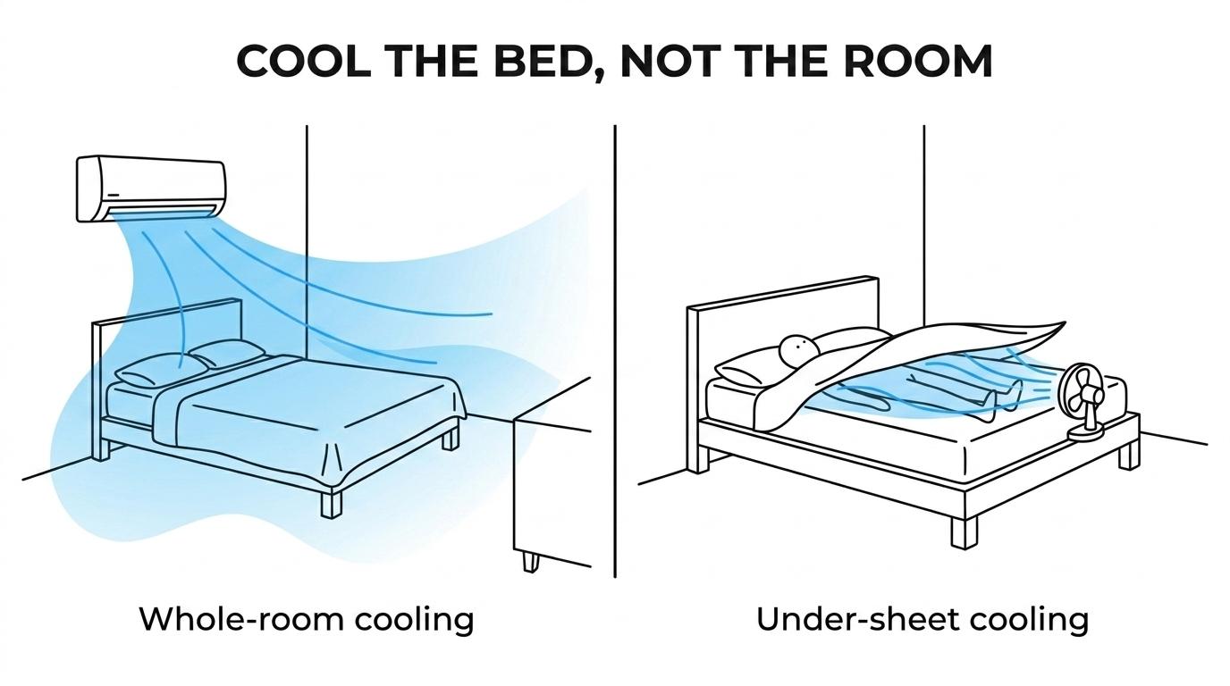 Side-by-side comparison of targeted airflow cooling under bed covers versus cooling an entire bedroom with air conditioning.