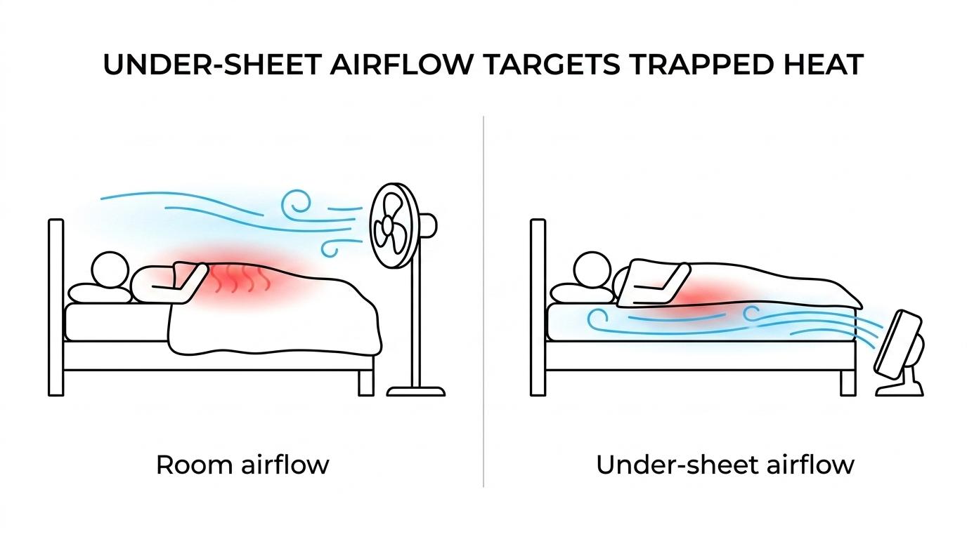 Side-by-side bed diagram showing broad room airflow from a regular fan versus directed airflow moving under the top sheet across a sleeper.