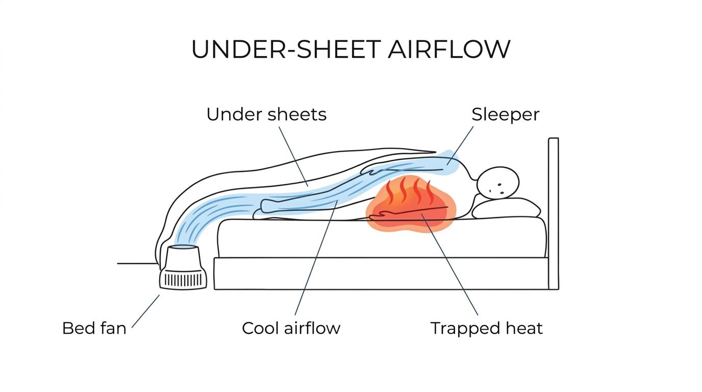 Cutaway view of a sleeper under sheets with warm humid air trapped around the body and a bed fan pushing cooler room air under the covers to carry heat away.