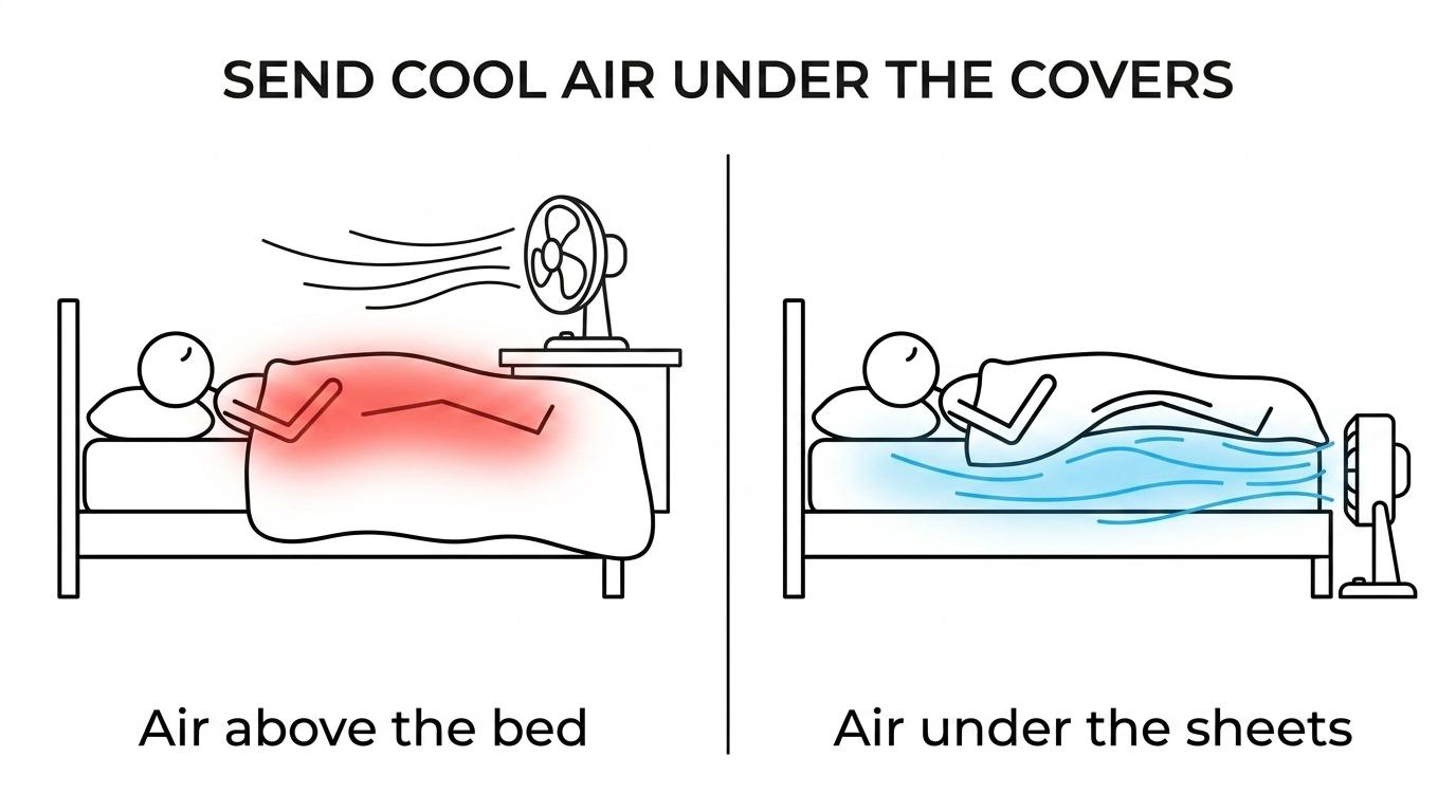 Side-by-side comparison of a regular room fan blowing across a bedroom versus a bFan pushing cooler air under the covers where body heat is trapped.