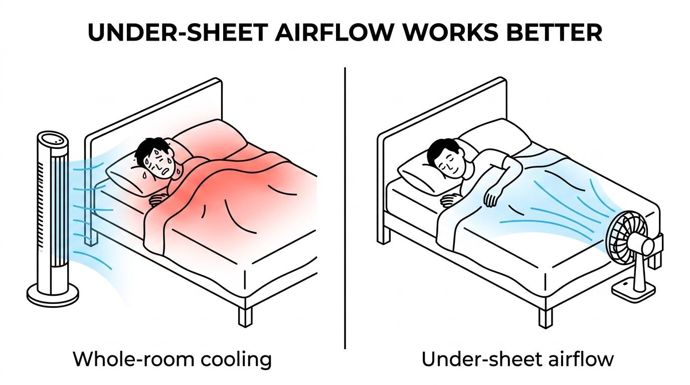Side-by-side comparison of a bed fan pushing air under the sheets versus a tower fan circulating air through the bedroom.