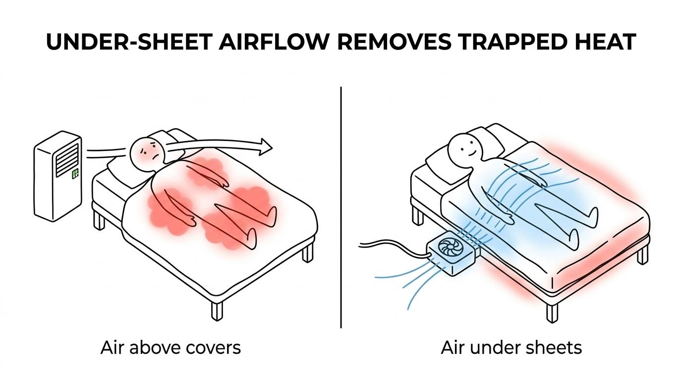 Side-by-side comparison of an under-sheet bed fan and a BedJet-style system showing how each uses room air and where airflow moves around the bed.