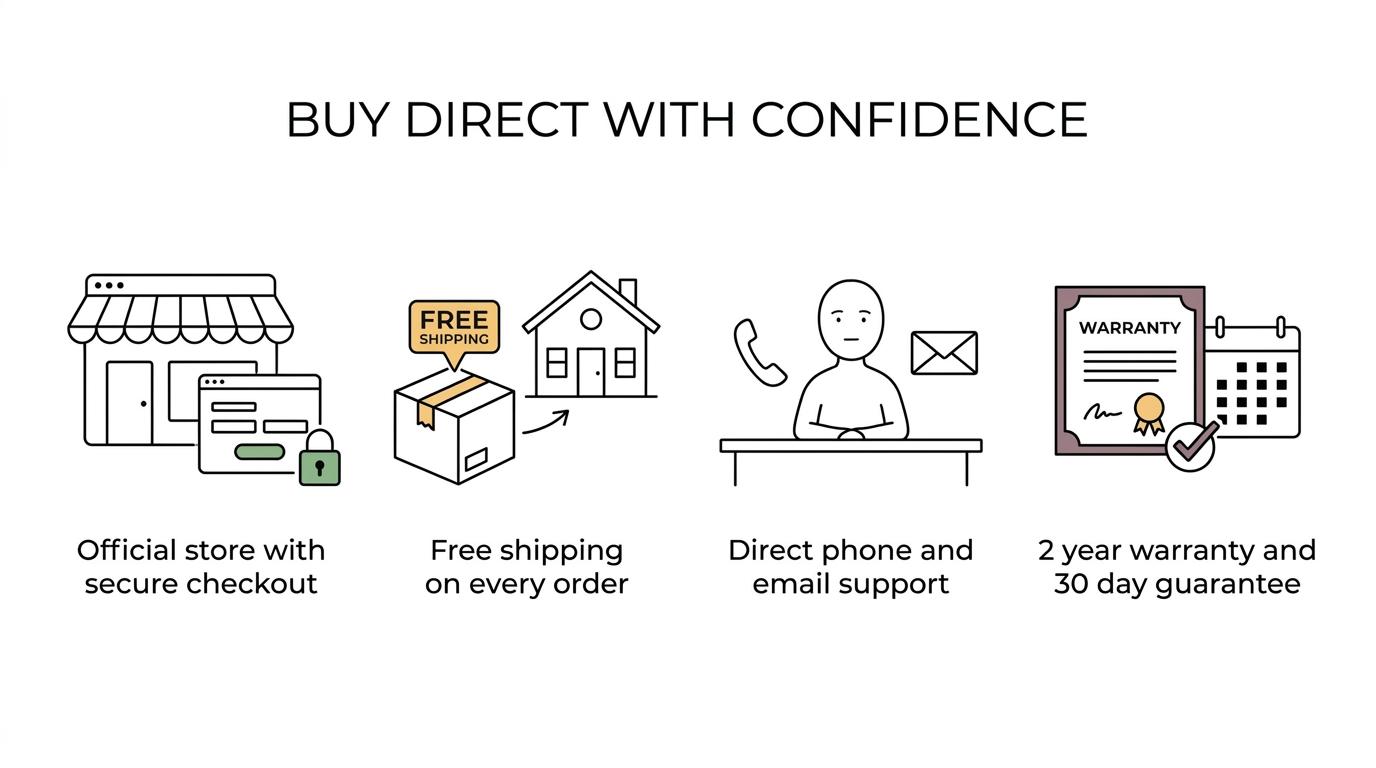 Infographic showing Bedfan buying basics: official store, free shipping, direct support, 2-year warranty, and 30-day guarantee.