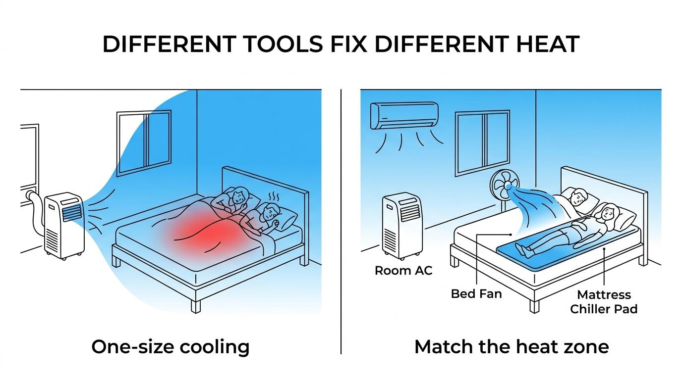 Side-by-side comparison of a portable room air conditioner, a fan-based bed cooler blowing air under sheets, and a water-based mattress chiller pad.