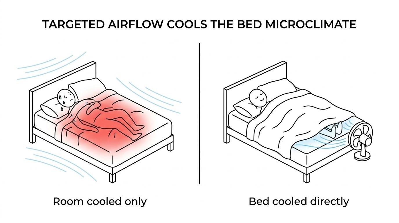 Side-by-side bed scenes showing whole-room cooling versus under-comforter airflow removing heat and moisture around a sleeper.