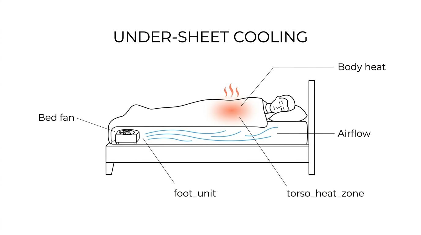 Labeled bed diagram showing a fan at the foot of the bed pushing room-temperature air between the sheets and away from the sleeper’s body.