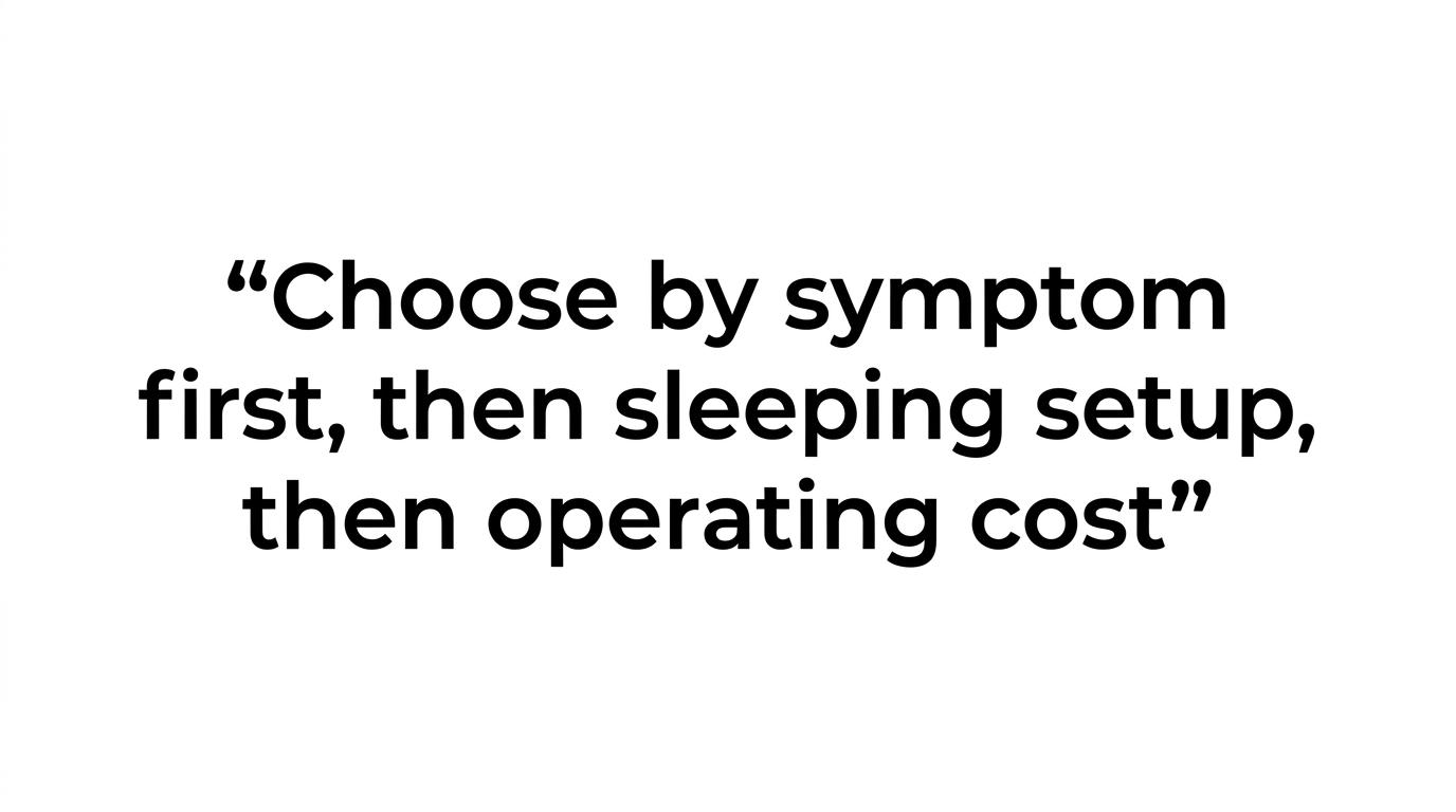 Highlighted quote reading, “Choose by symptom first, then sleeping setup, then operating cost.”