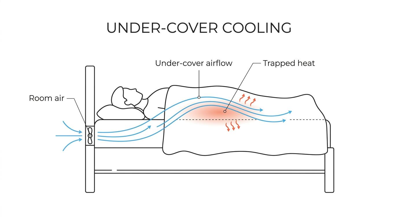 Cutaway bed showing a sleeper under sheets with room air flowing in at the foot, moving heat and moisture out of the bedding microclimate.