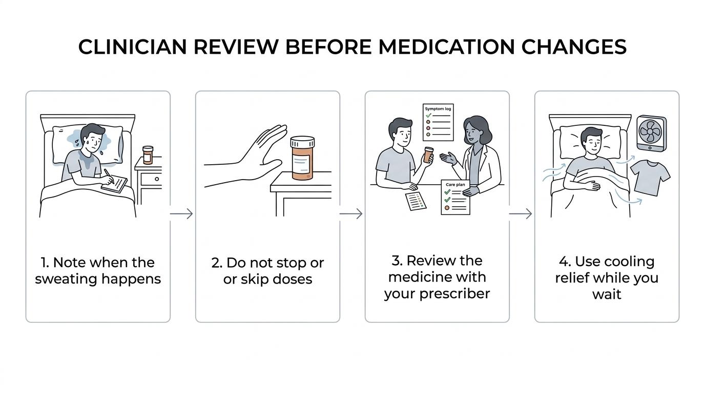 Step-by-step graphic showing antidepressant night sweats, symptom tracking, clinician review, medication options, and cooling relief under the sheets.