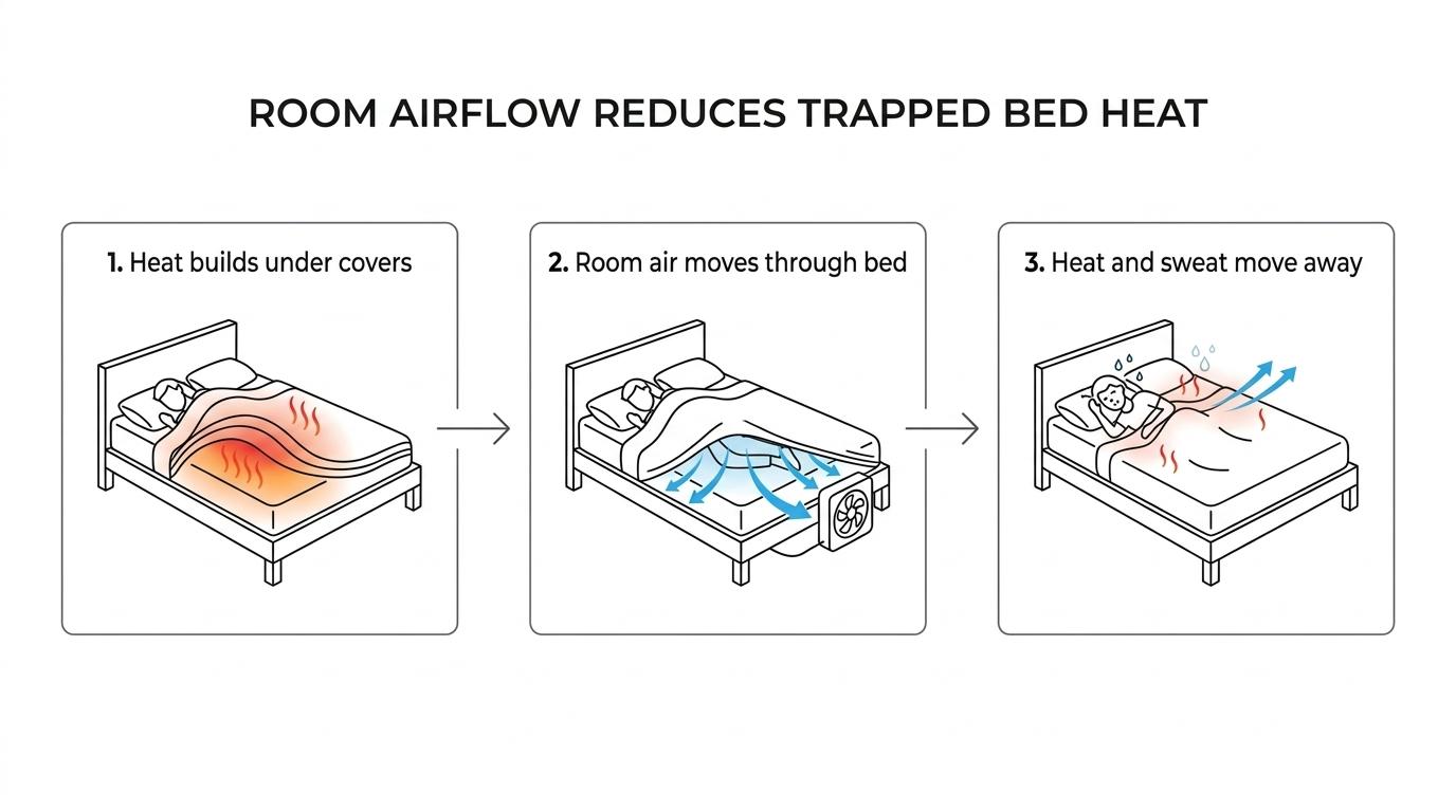 Diagram showing body heat building up under bedding and a fan at the foot of the bed pushing room air under the covers to carry heat and moisture away.