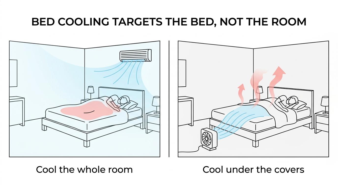 Side-by-side comparison of whole-room cooling versus a bed fan directing room air under the covers around a sleeper.