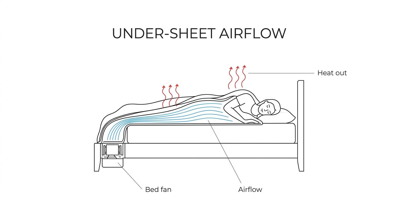 Cutaway of a bed with a fan at the foot blowing room air between the sheets and carrying heat away from a sleeper’s body.