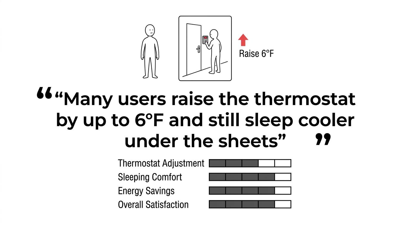 Quote highlight stating that many bFan users report raising the thermostat by up to 6 degrees Fahrenheit and still sleeping cooler under the sheets.