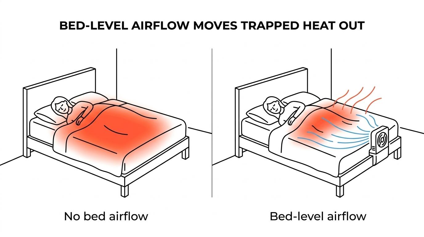 Side-by-side bed scenes showing a sleeper overheating under blankets versus the same bed with a fan sending room air under the sheets.