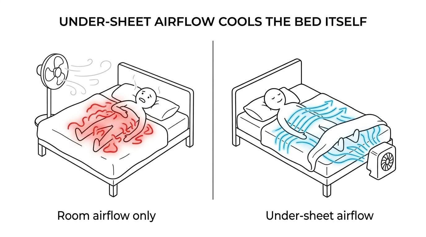 Side-by-side view of a standard room fan blowing across a bedroom and a bFan at the foot of a bed sending airflow between the sheets over a sleeper.