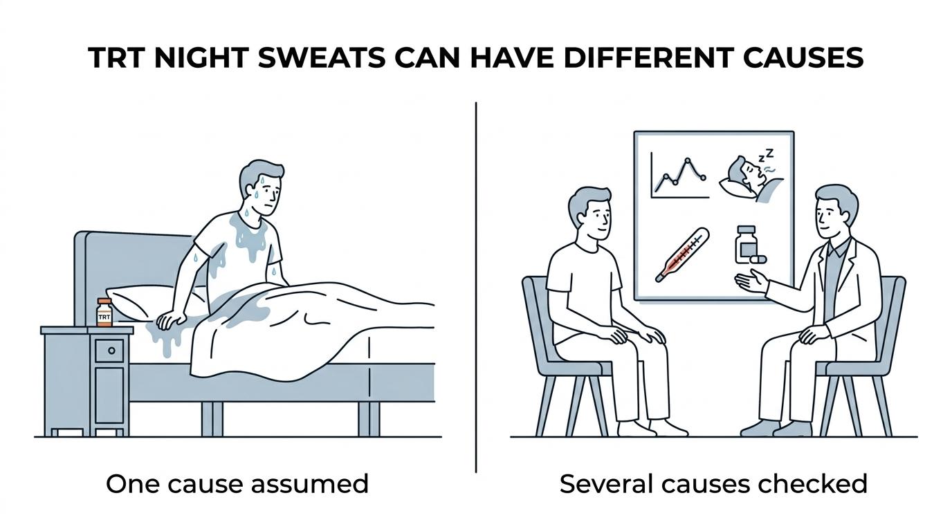 Side-by-side comparison of two night sweat scenarios after TRT: hormone fluctuation on one side and underlying issues like sleep apnea or medication effects on the other.
