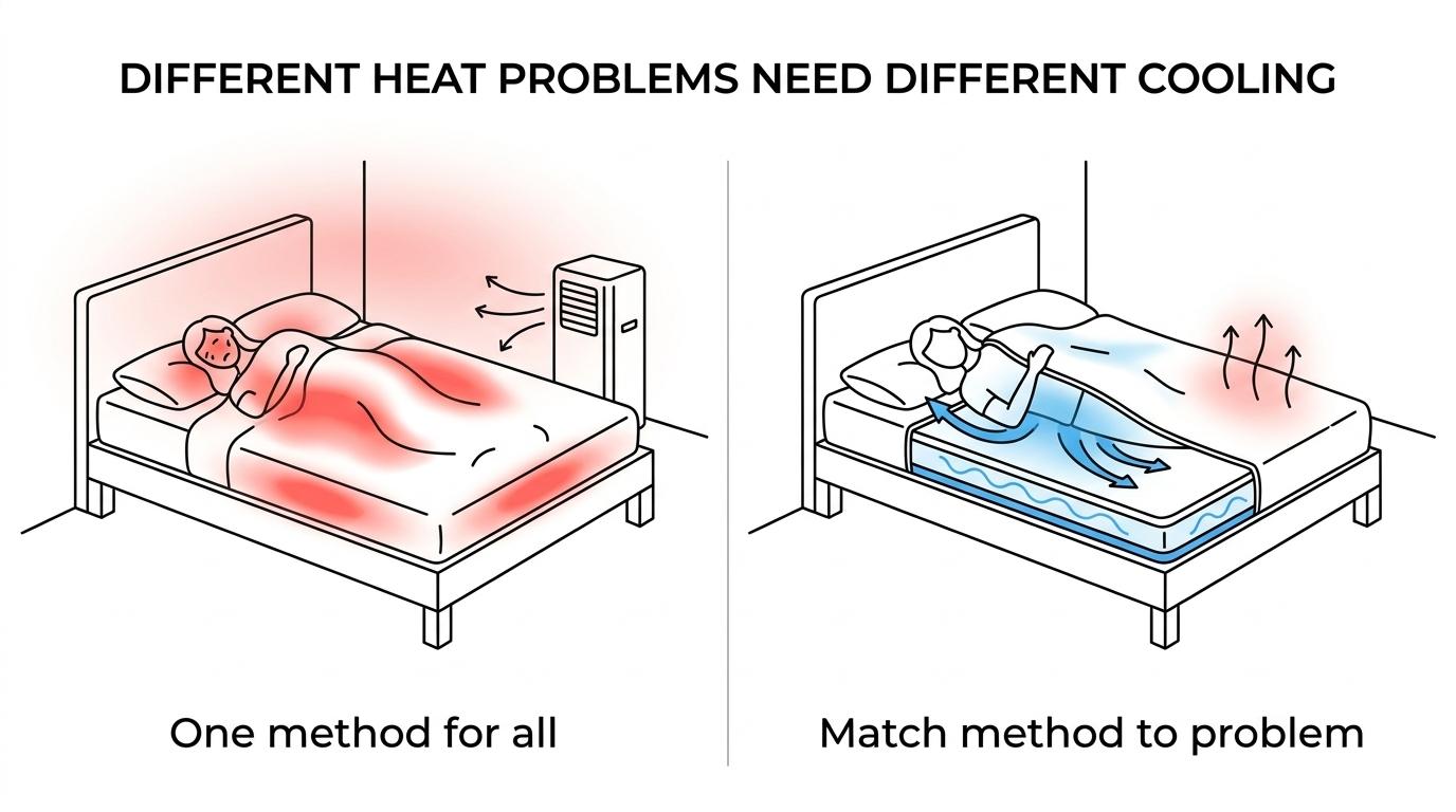 Side-by-side comparison of bFan Bed Fan, BedJet, and Eight Sleep Pod 5 showing airflow versus water cooling, relative cost, setup complexity, and what each is best for.