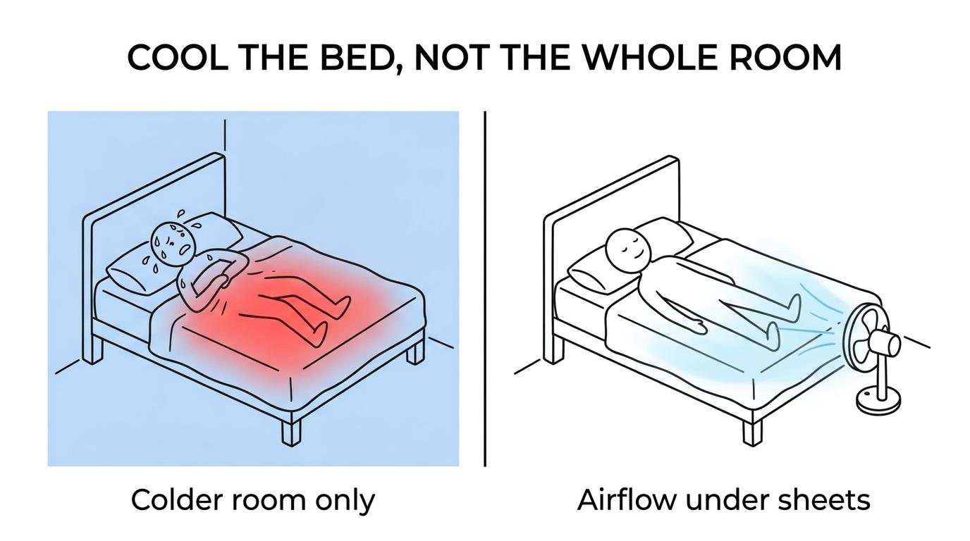 Side-by-side view of a sleeper in a cool room but hot under blankets versus a sleeper with airflow moving under the sheets.