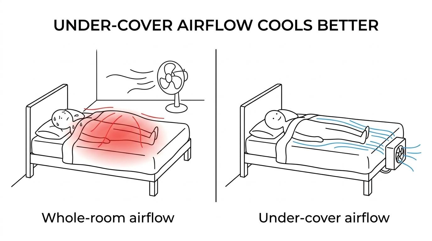 Side-by-side comparison of a regular room fan moving air through a bedroom versus an under-cover bed fan directing airflow beneath sheets around a sleeper.
