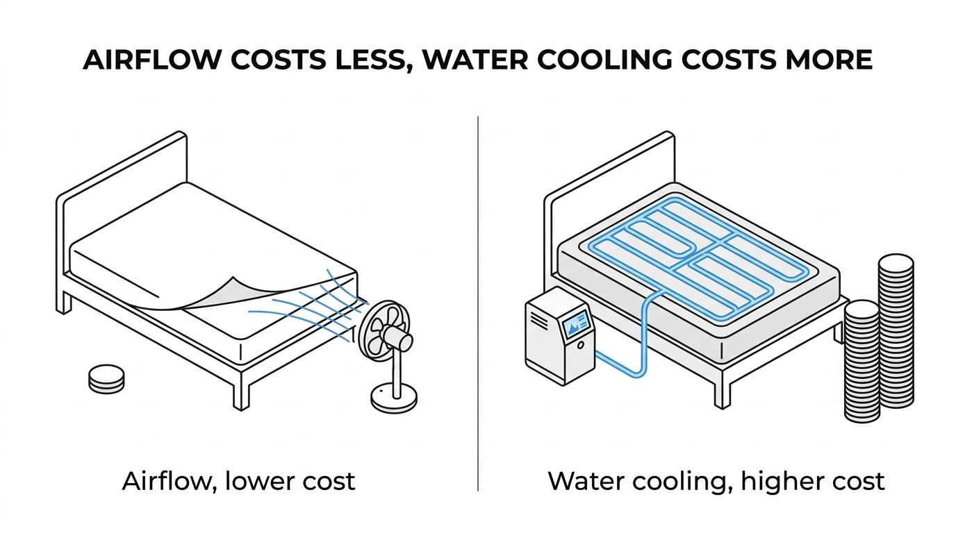 Side-by-side comparison of a standard bed fan, Bedjet, and Eight Sleep showing cooling method, complexity, and relative cost.
