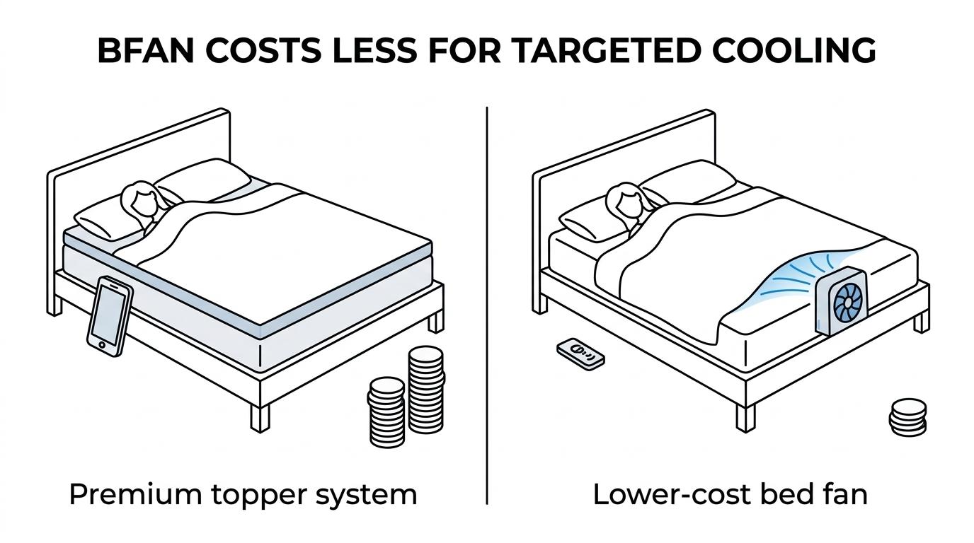 Side-by-side comparison of bFan Bed Fan and Perfectly Snug showing differences in price, setup style, mattress feel, controls, and couple features.