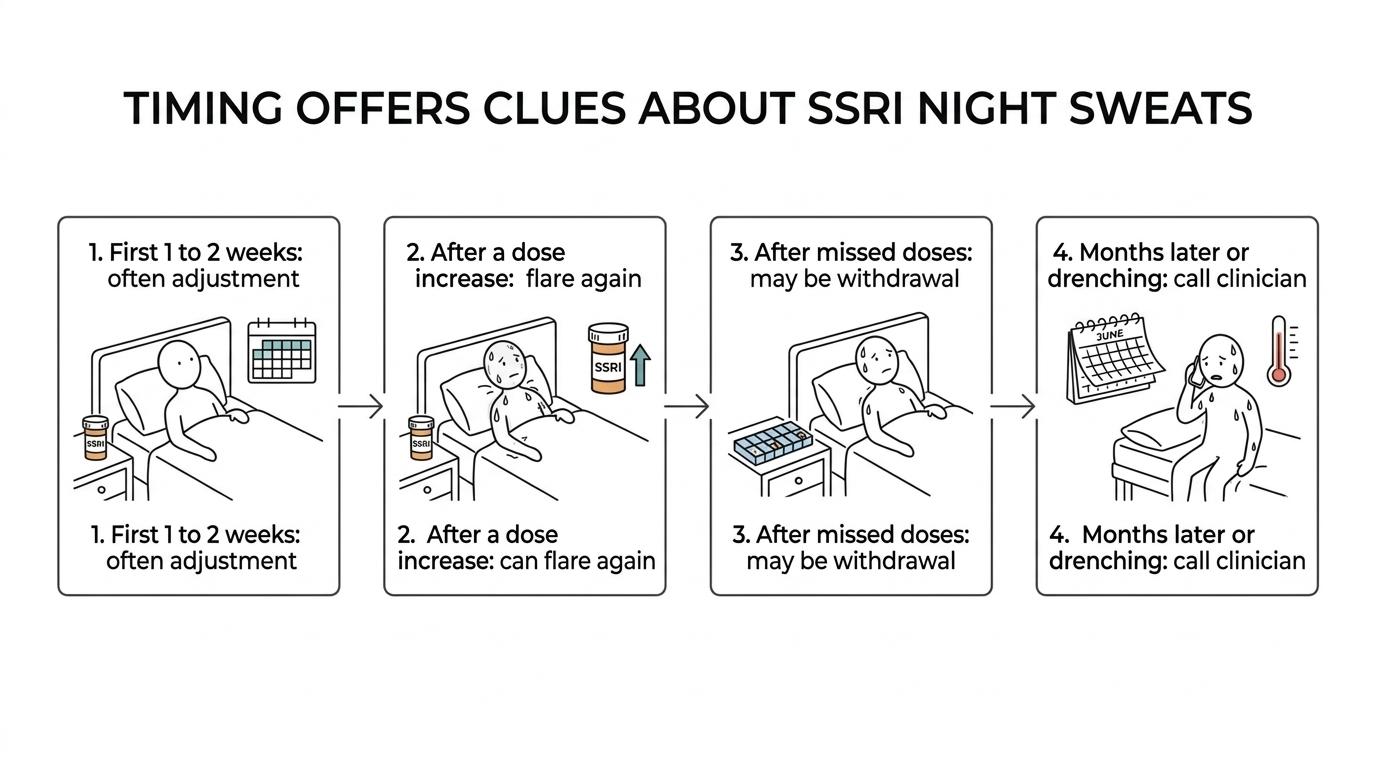 Flowchart showing common SSRI night sweat patterns: early adjustment, dose increase flare, withdrawal-related sweating, persistent late symptoms, and urgent red flags.
