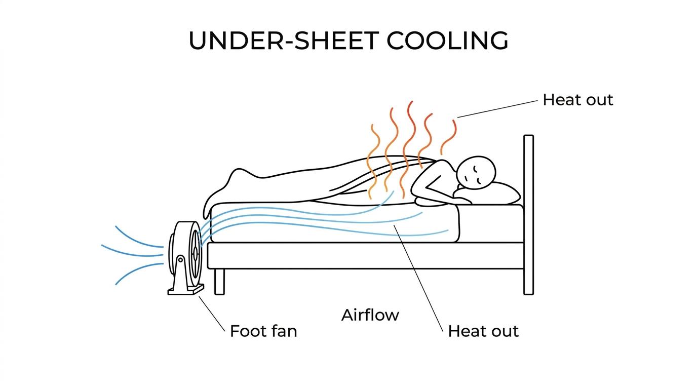 Cross-section of a bed showing a fan at the foot blowing cool room air between the sheets while warm, humid air lifts away from the sleeper.