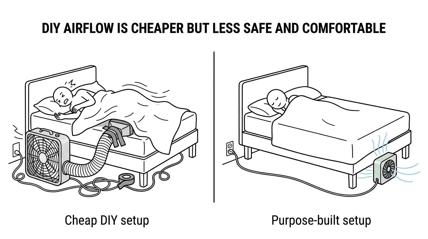 Side-by-side comparison of a homemade under-sheet fan setup and a purpose-built bed fan, showing differences in cords, airflow delivery, noise, and safety.